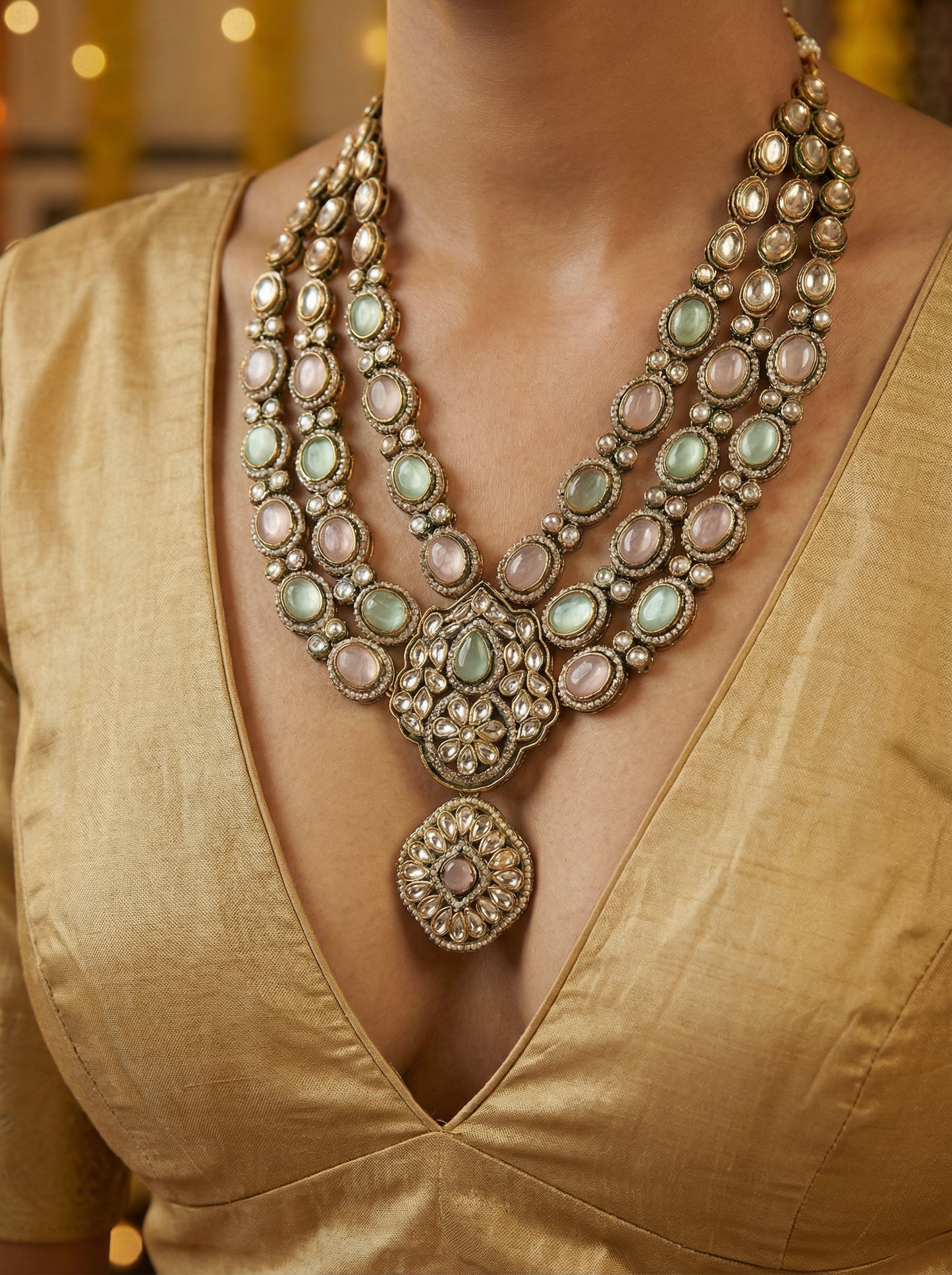 Vintage-Inspired Three-Layer MintPink Victorian Necklace Set