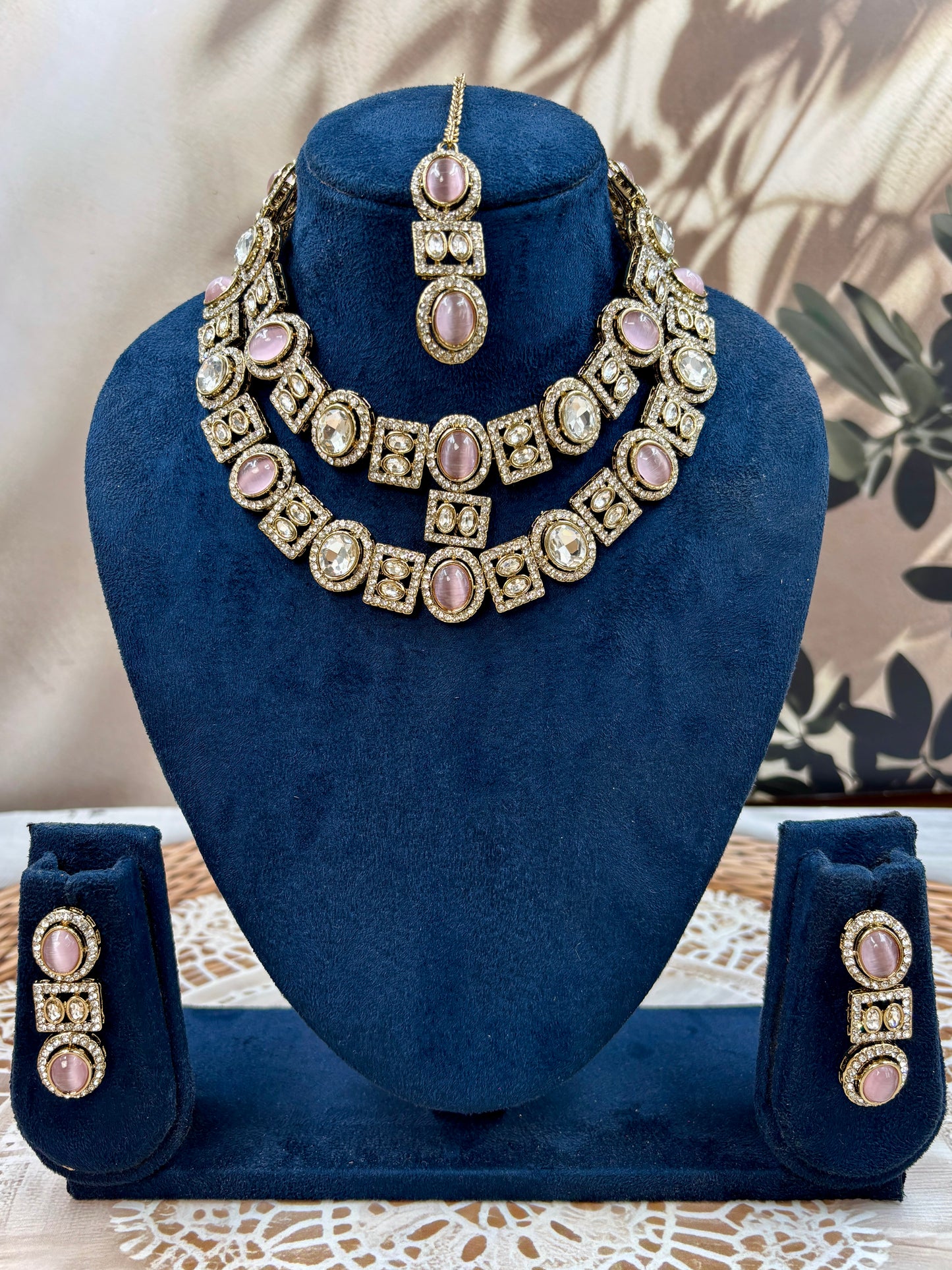 Pink Bridal Double Layer Jewellery Set