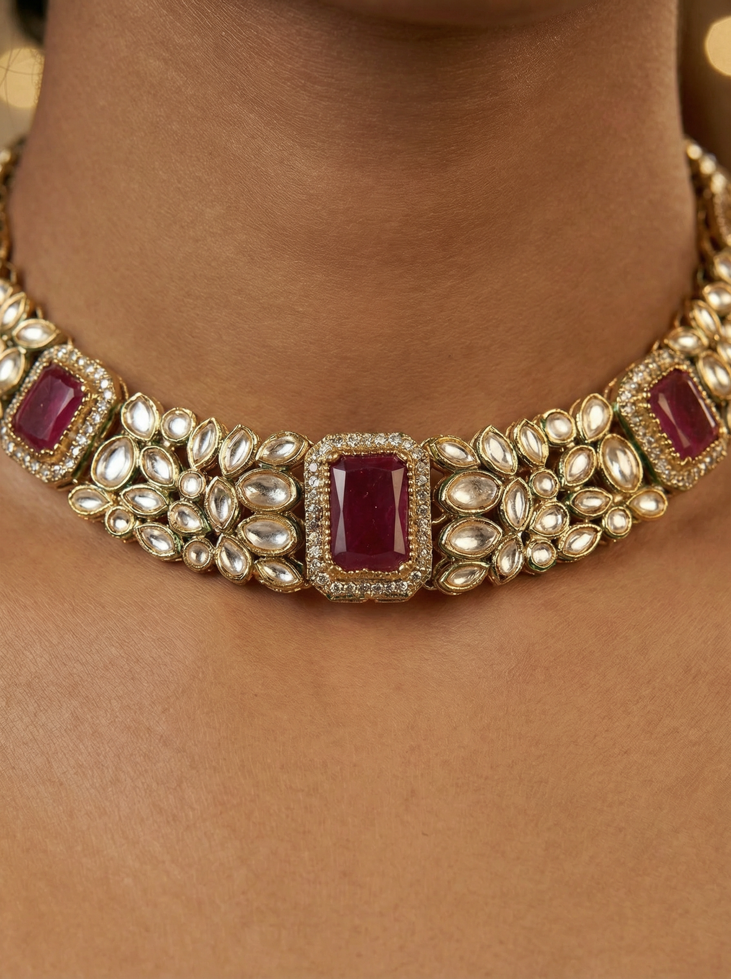 Rani Kundan Choker Necklace Set with Earrings