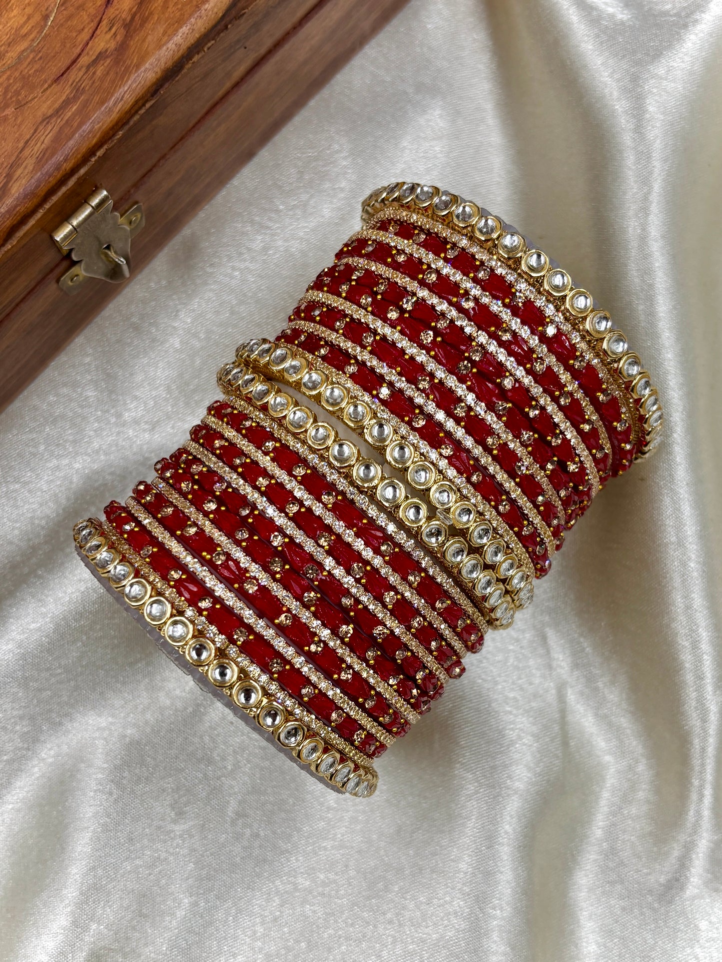 Red Kundan Glass Bangles Set