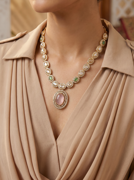 Long Antique Kundan MintPink Necklace