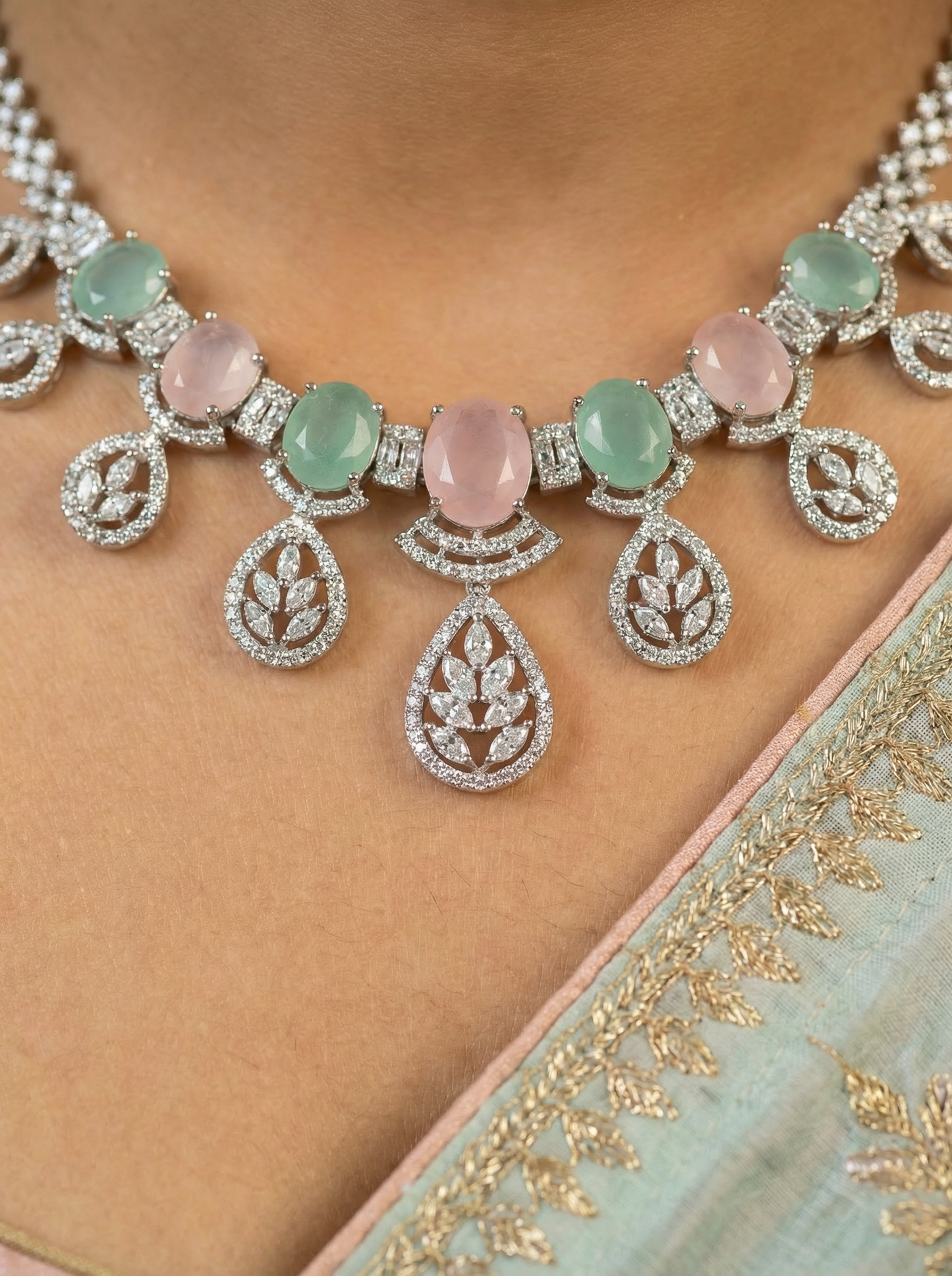 MintPink AD Stone Necklace Set