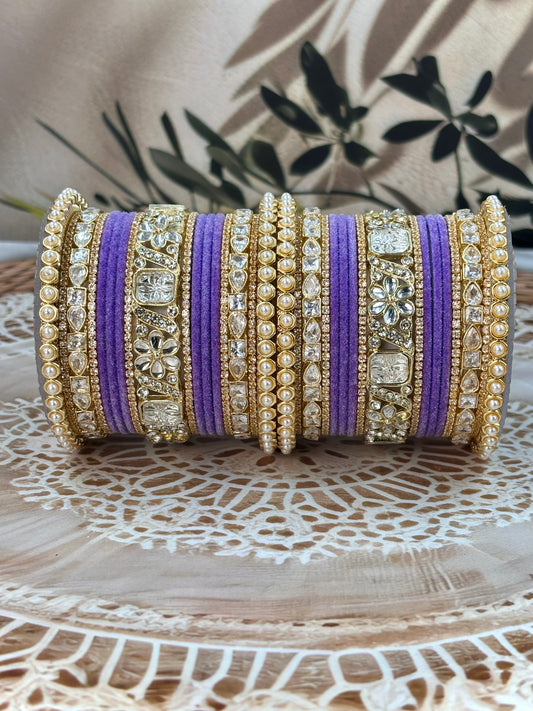 Pearl & Kundan Lavender Traditional Bangles Set