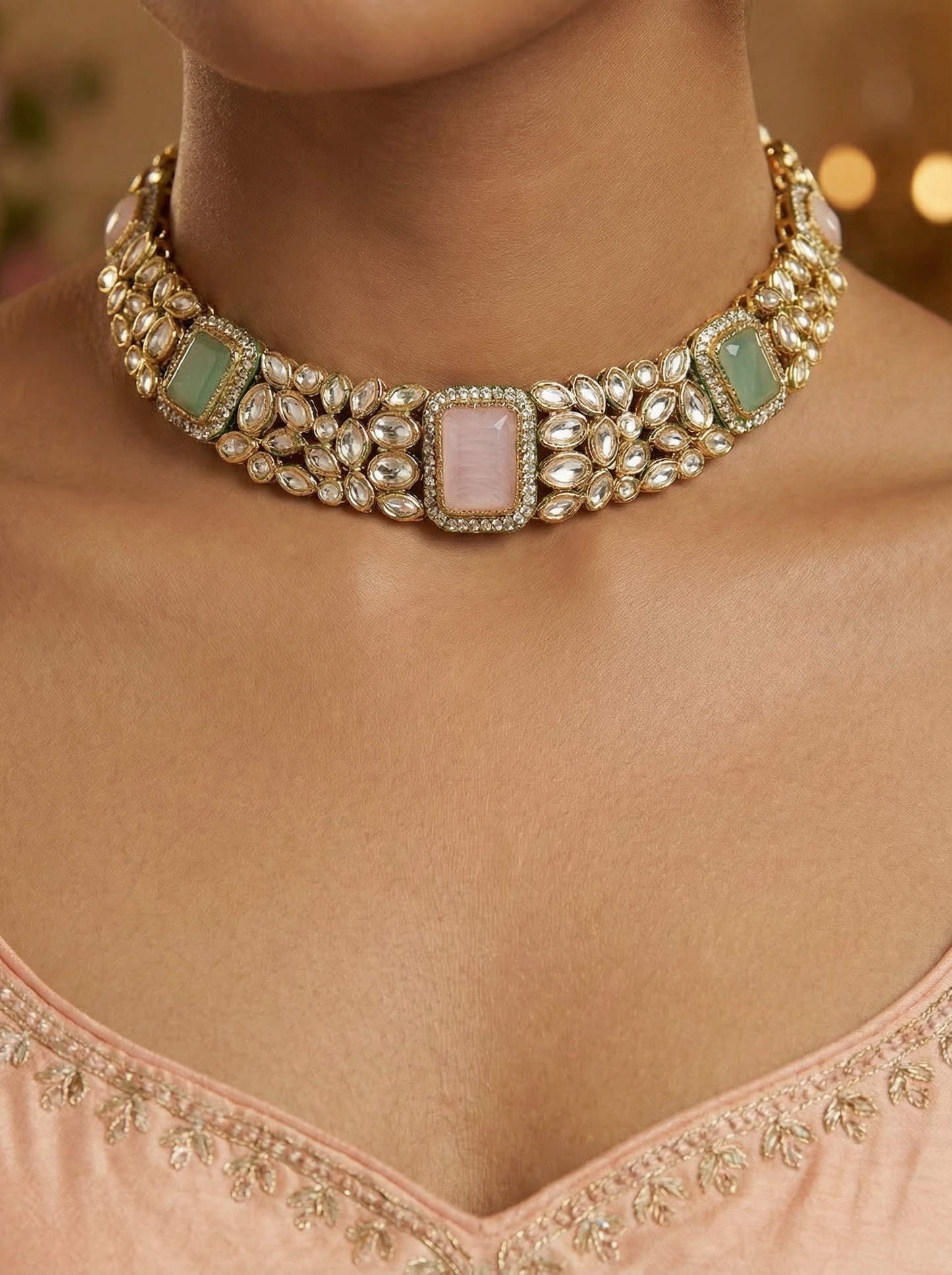MintPink Kundan Choker Necklace Set with Earrings