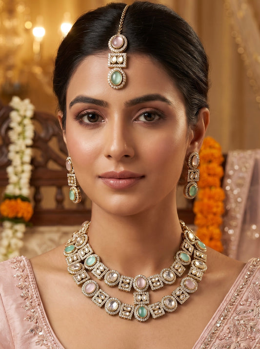 MintPink Bridal Double Layer Jewellery Set