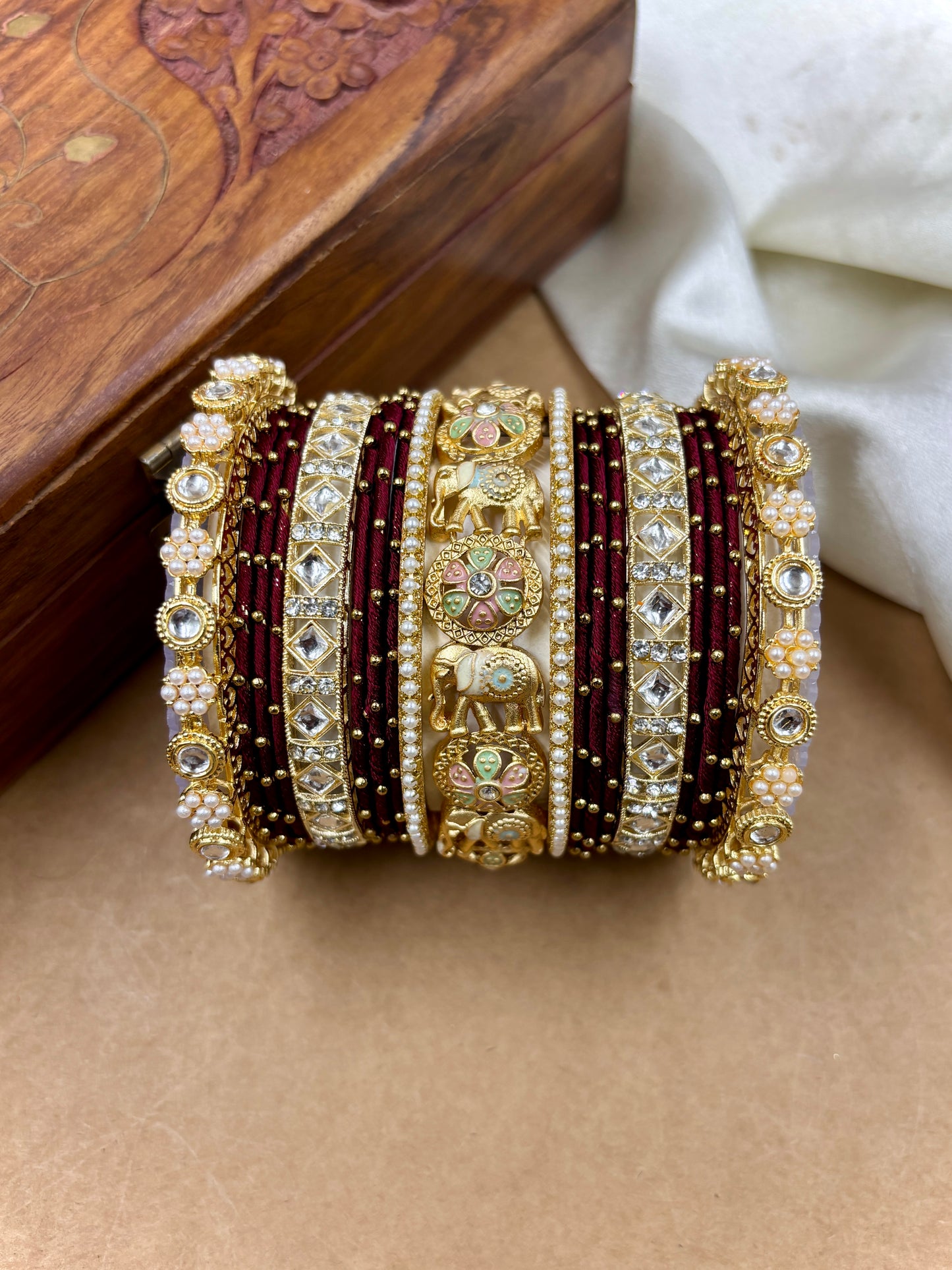 Designer Maroon Silk Thread Bangles Set