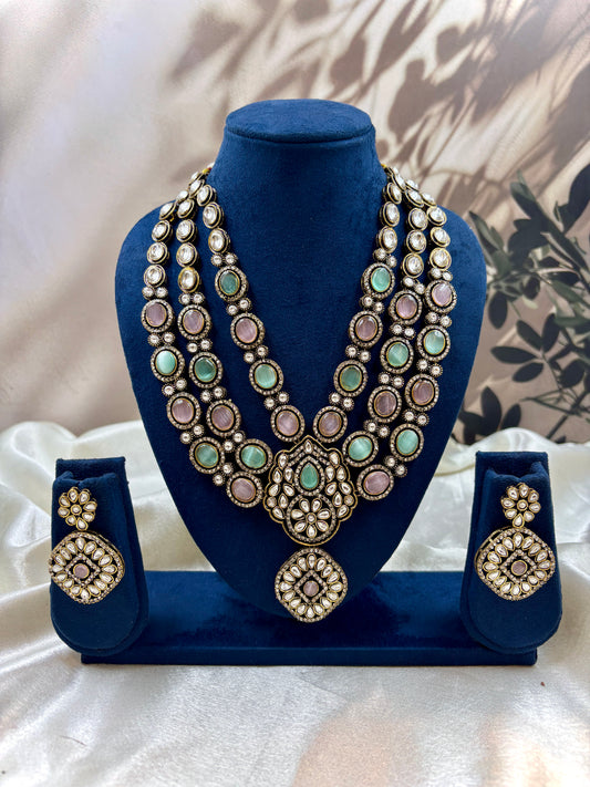 Vintage-Inspired Three-Layer MintPink Victorian Necklace Set