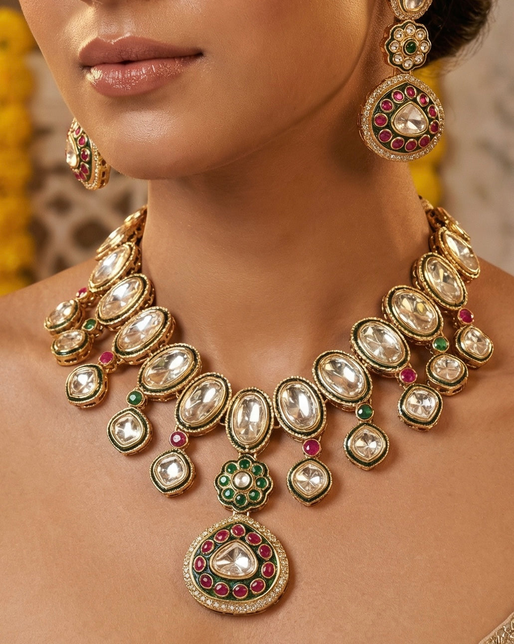 Elegant Polki Kundan Necklace Set with Earrings