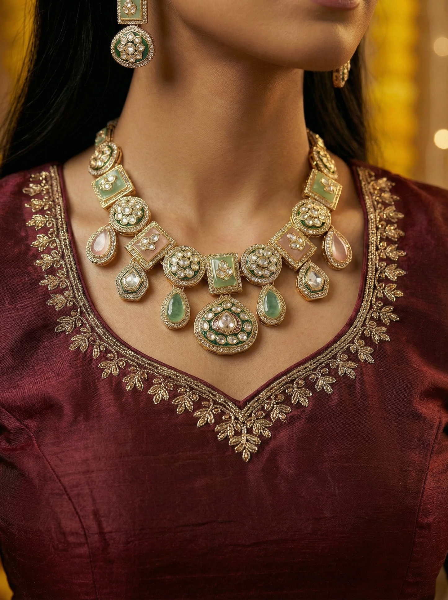 Polki Kundan MintPink Bridal Jewelry Set