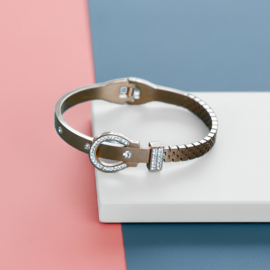 Silver bracelet with a decorative clasp on a pink and blue background by hitesh bangles