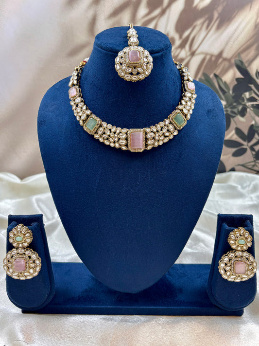 MintPink Kundan Choker Necklace Set with Earrings