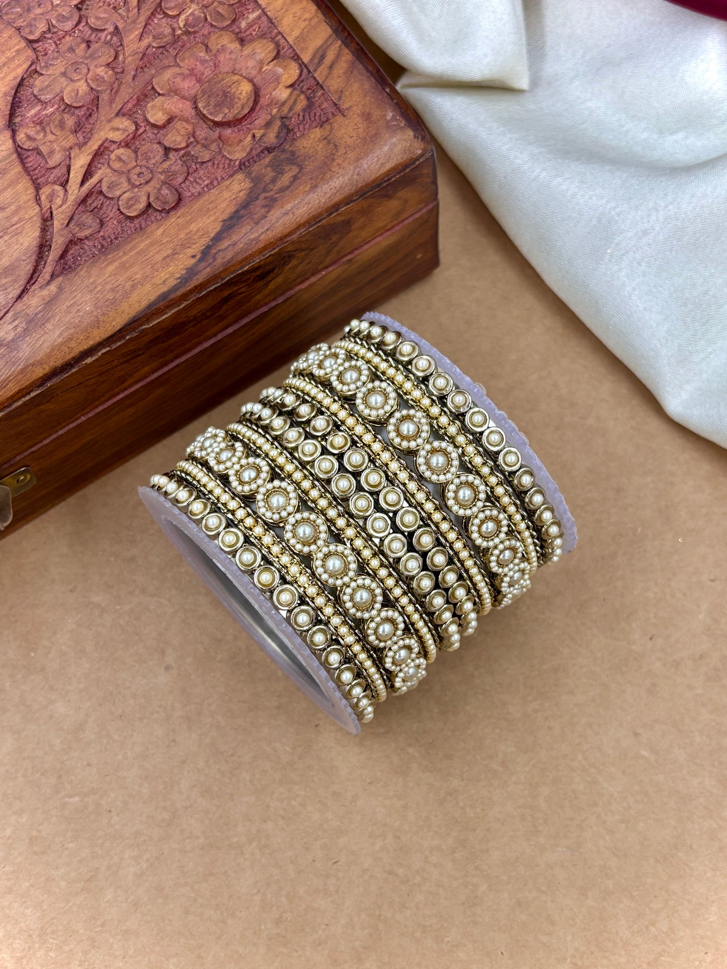 Antique Finish Pearl Bangles Set | Traditional Bridal Jewelry