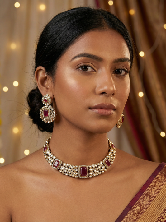 Rani Kundan Choker Necklace Set with Earrings