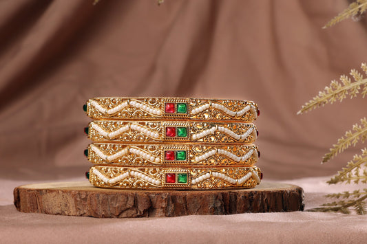 Pearl Polki Gold Bangles Set for Women