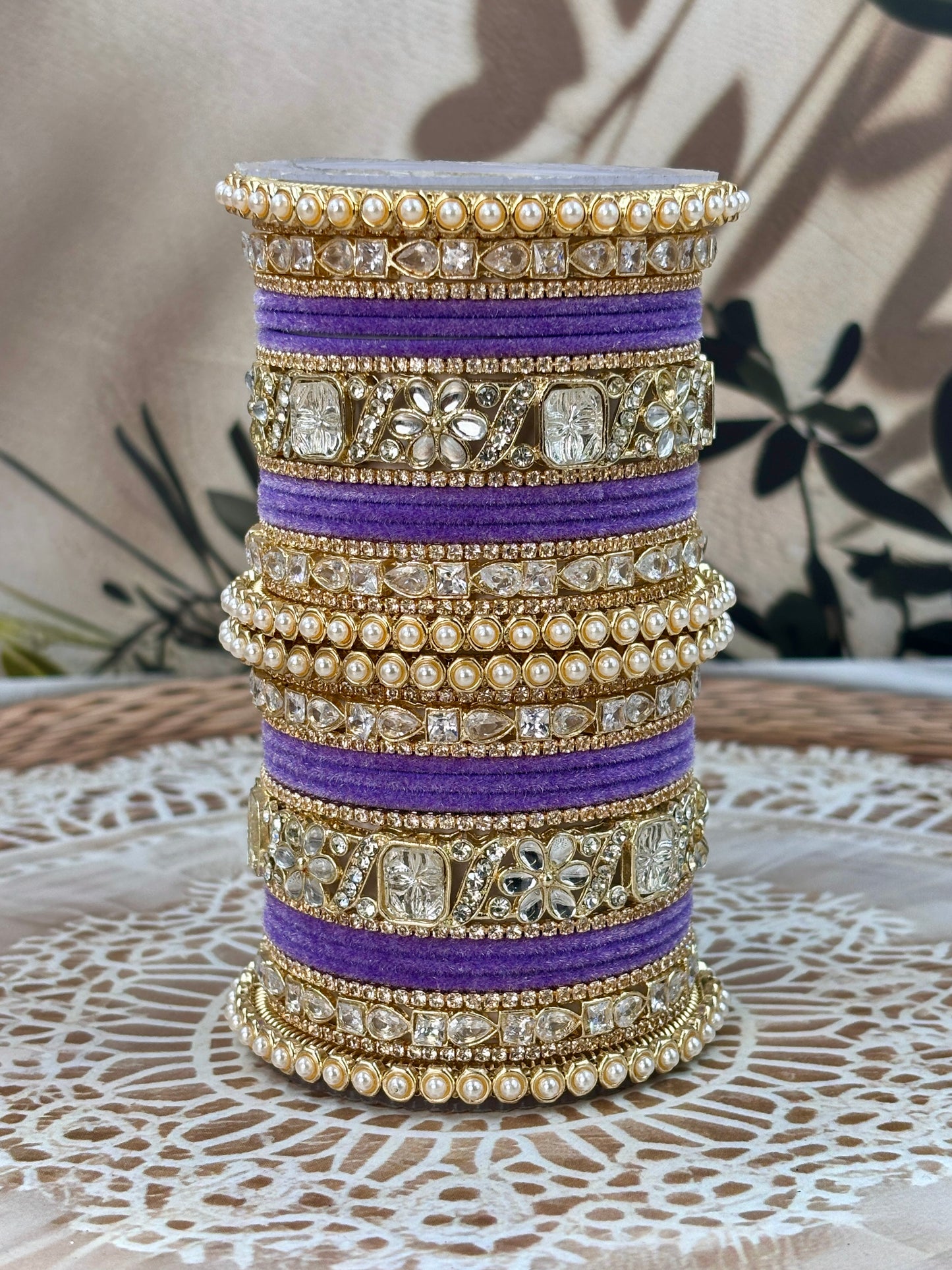 Pearl & Kundan Lavender Traditional Bangles Set