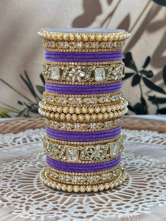Pearl & Kundan Lavender Traditional Bangles Set