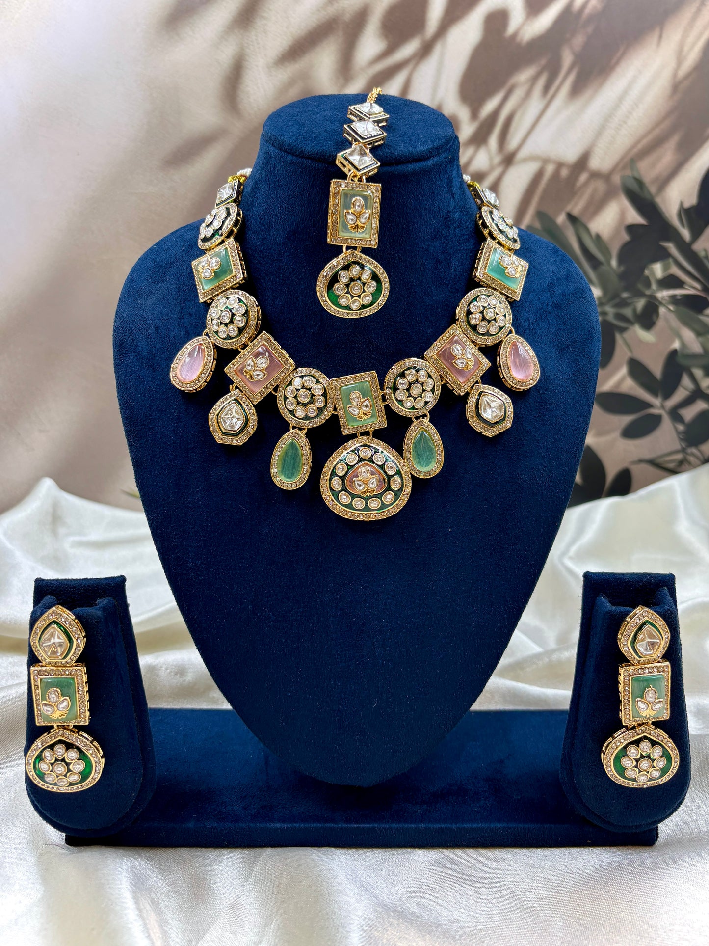 Polki Kundan MintPink Bridal Jewelry Set