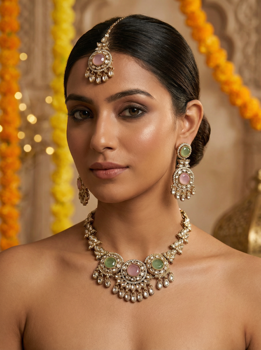 Antique Style MintPink Victorian Kundan Necklace Set