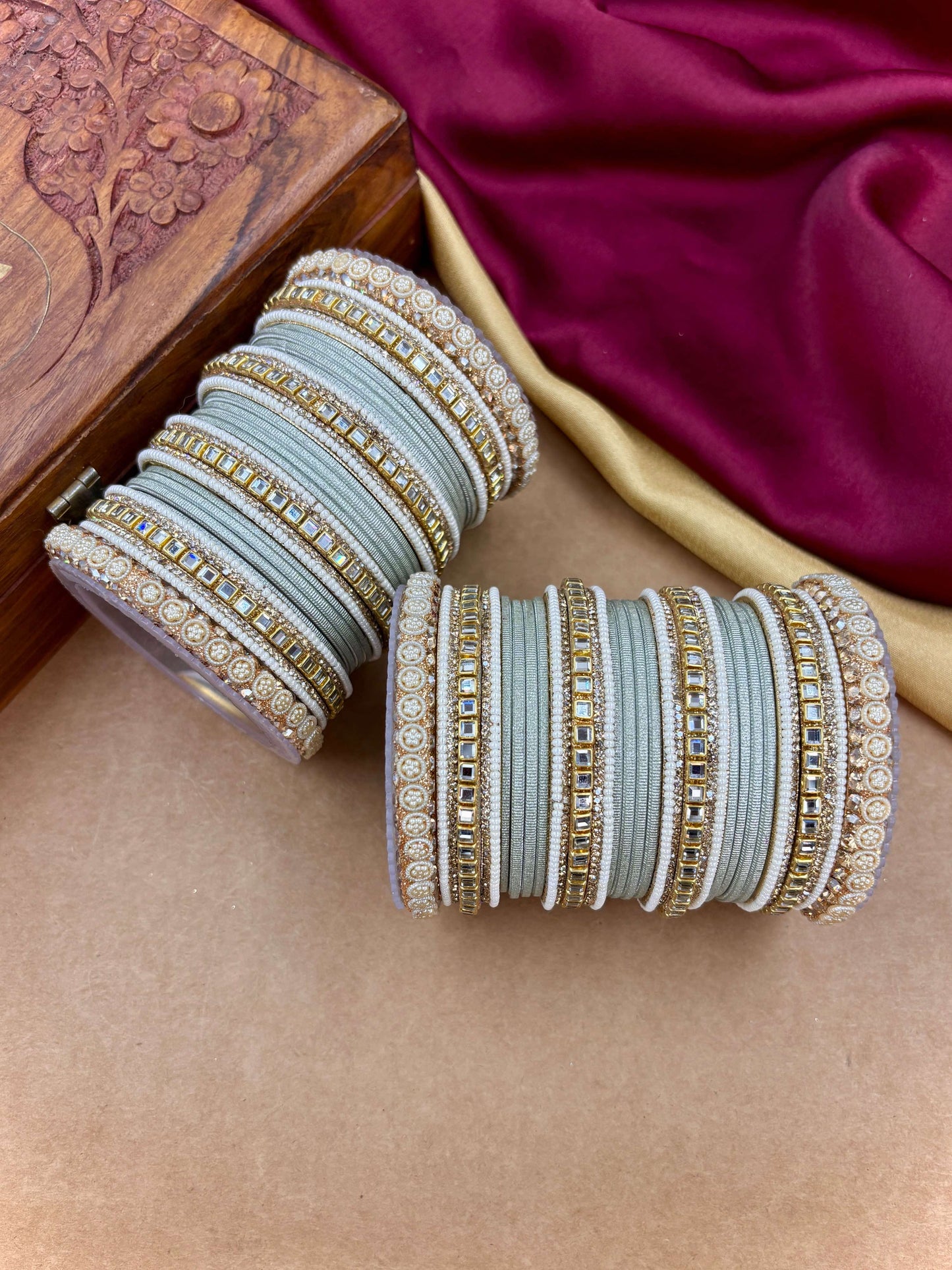 Traditional Pistagrey Kundan Bangles