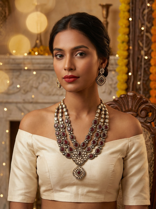 Vintage-Inspired Three-Layer Maroon Victorian Necklace Set