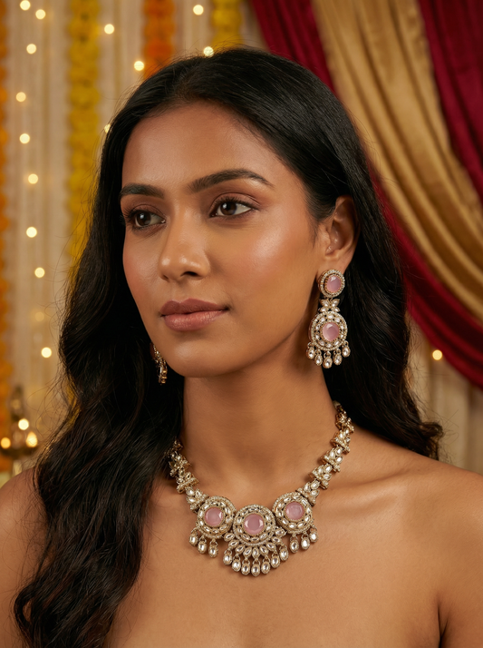 Antique Style Pink Victorian Kundan Necklace Set