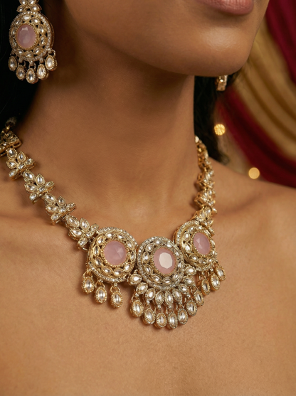 Antique Style Pink Victorian Kundan Necklace Set