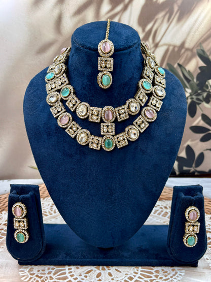 MintPink Bridal Double Layer Jewellery Set