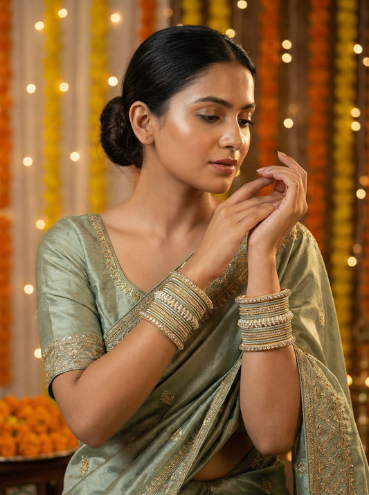 Ethnic Pistagrey Pearl Kundan Set