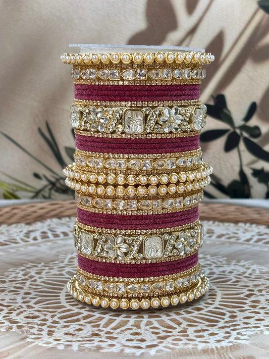 Pearl & Kundan OnionPink Traditional Bangles Set