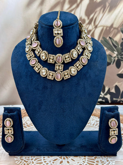 Pink Bridal Double Layer Jewellery Set