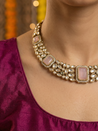 Pink Kundan Choker Necklace Set with Earrings