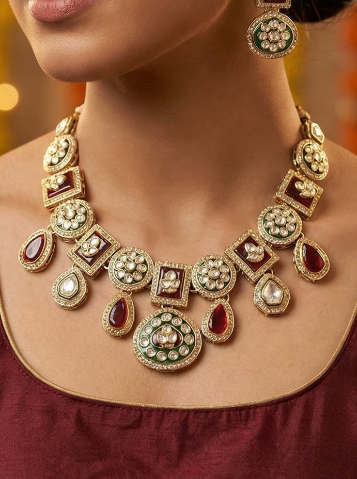 Polki Kundan Red Bridal Jewelry Set