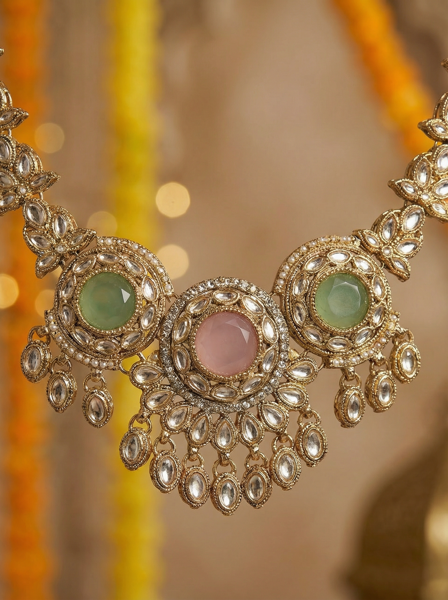 Antique Style MintPink Victorian Kundan Necklace Set