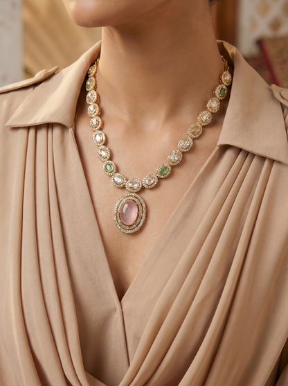 Long Antique Kundan MintPink Necklace