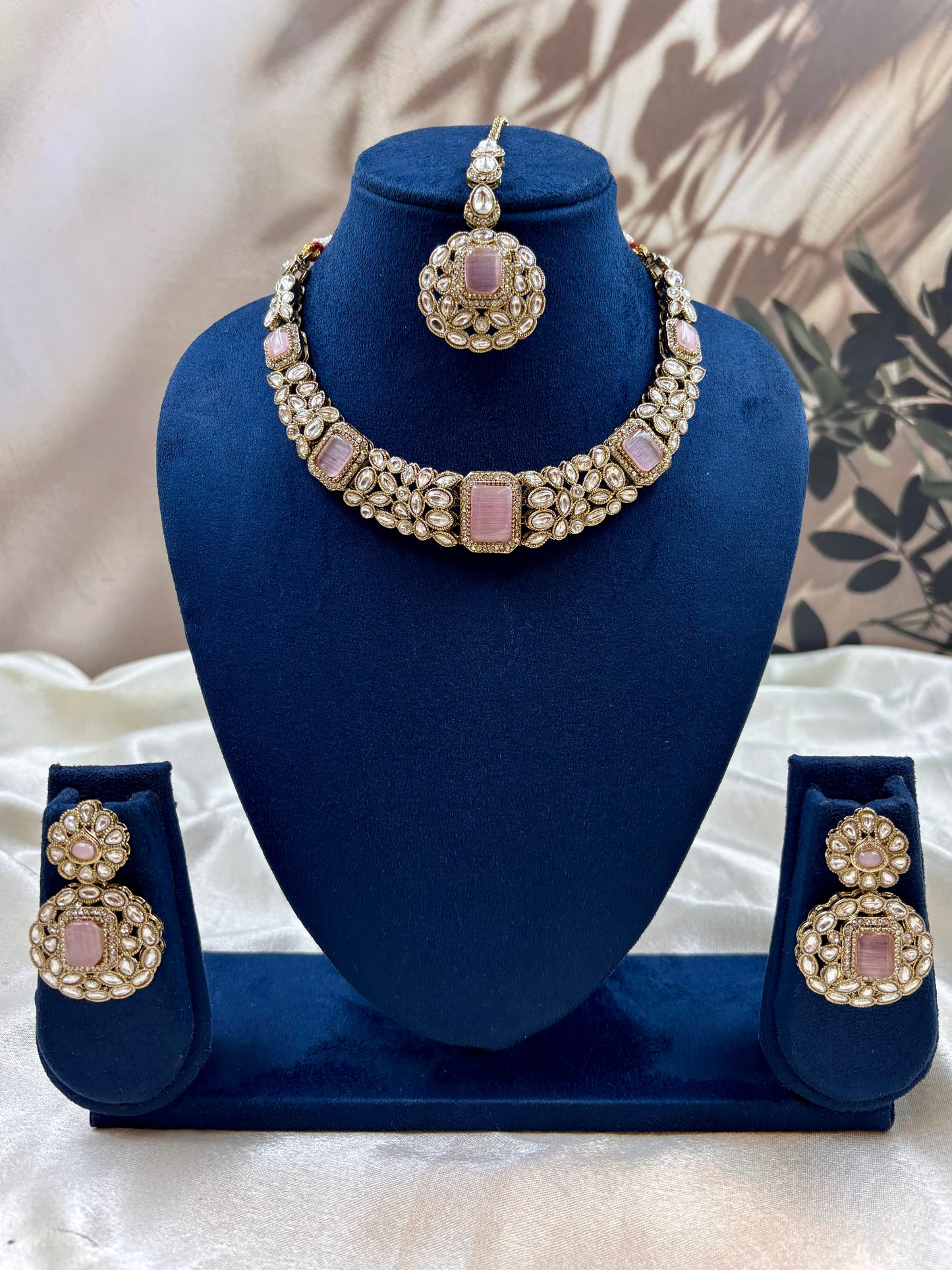 Pink Kundan Choker Necklace Set with Earrings