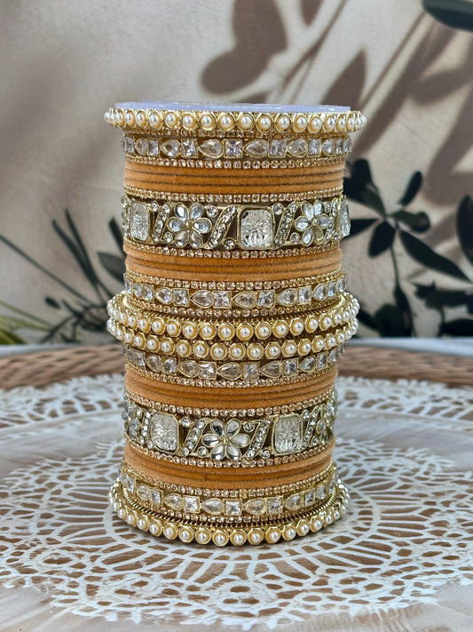 Pearl & Kundan Peach Traditional Bangles Set