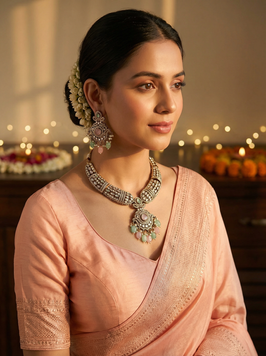 Victorian MintPink Kundan Necklace for Brides