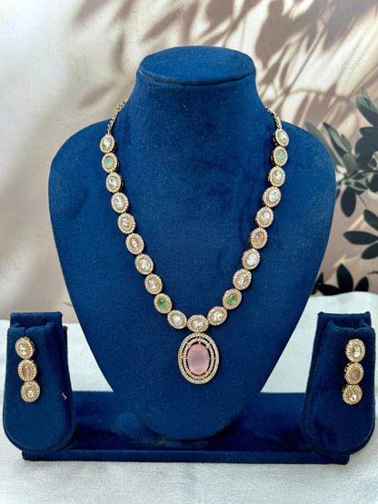 Long Antique Kundan MintPink Necklace