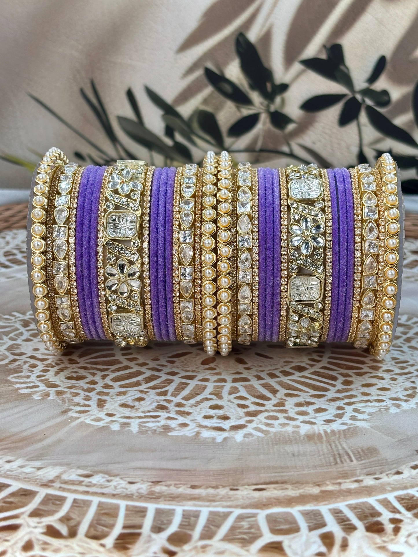 Pearl & Kundan Lavender Traditional Bangles Set
