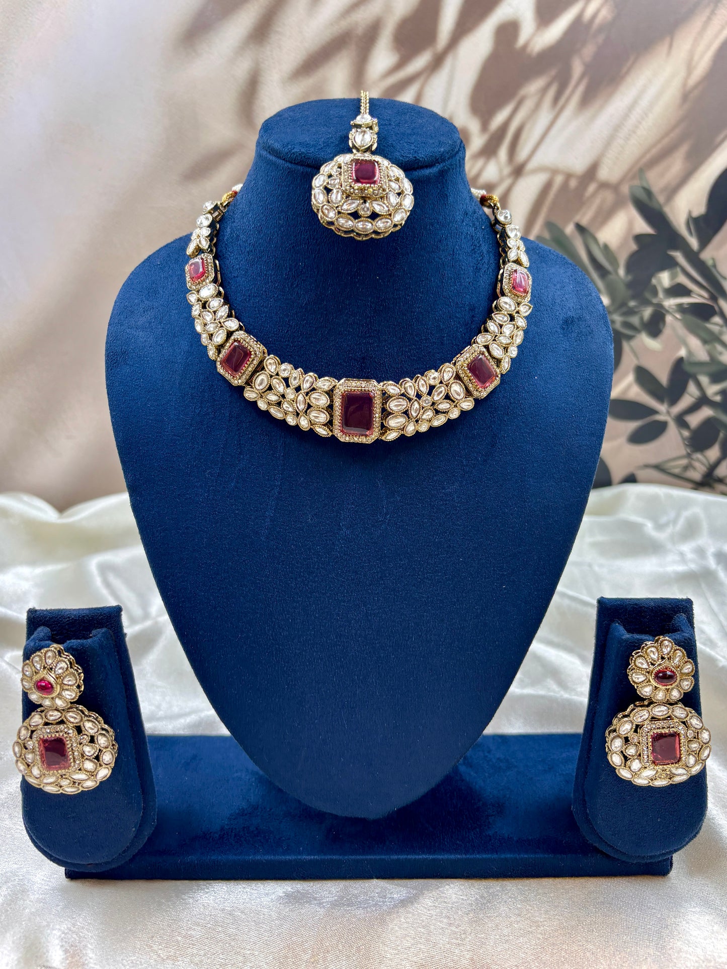 Rani Kundan Choker Necklace Set with Earrings