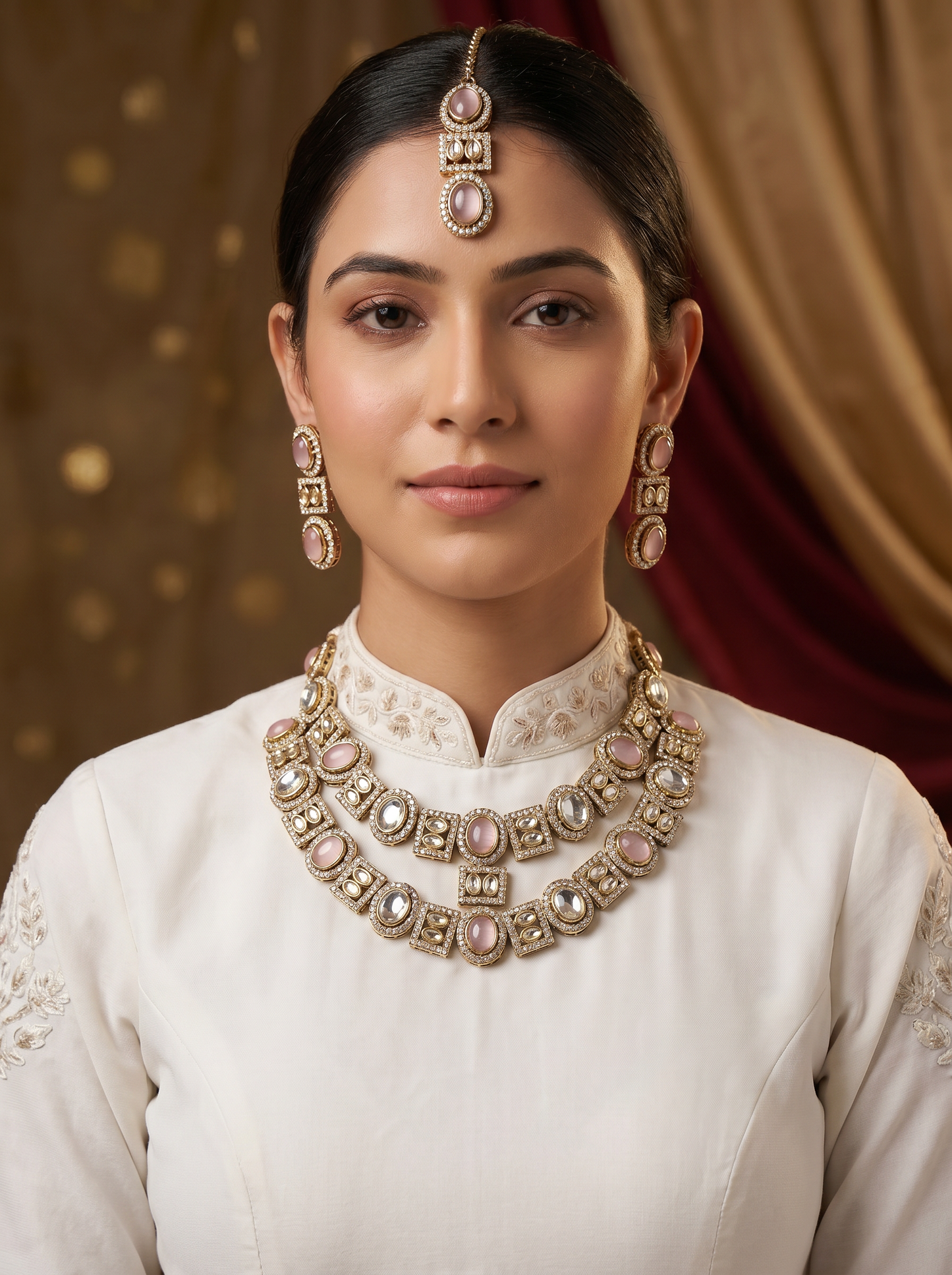 Pink Bridal Double Layer Jewellery Set