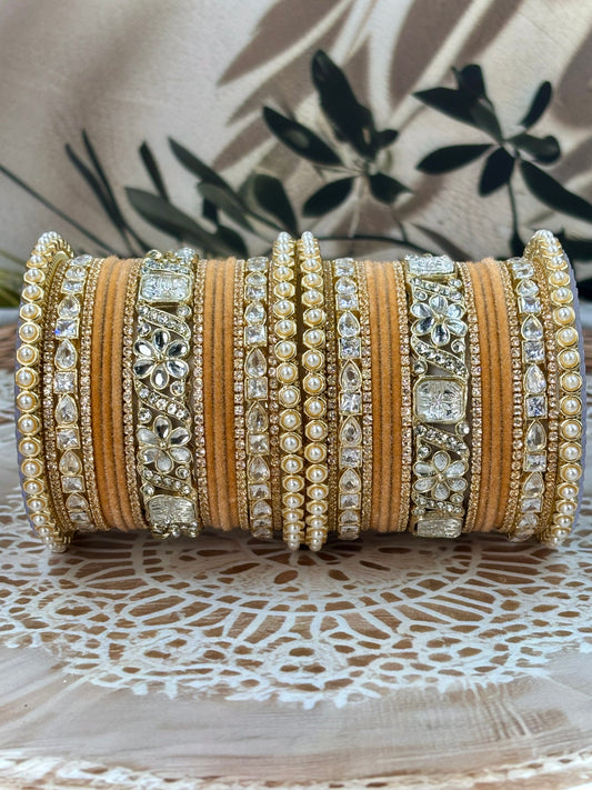 Pearl & Kundan Peach Traditional Bangles Set