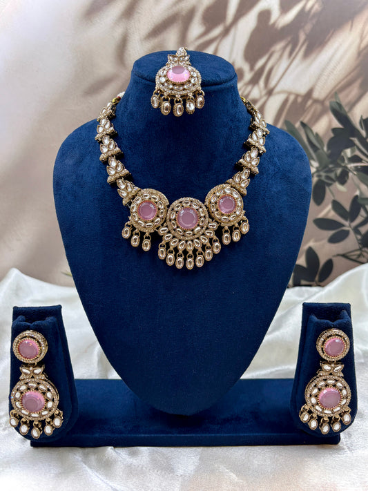 Antique Style Pink Victorian Kundan Necklace Set