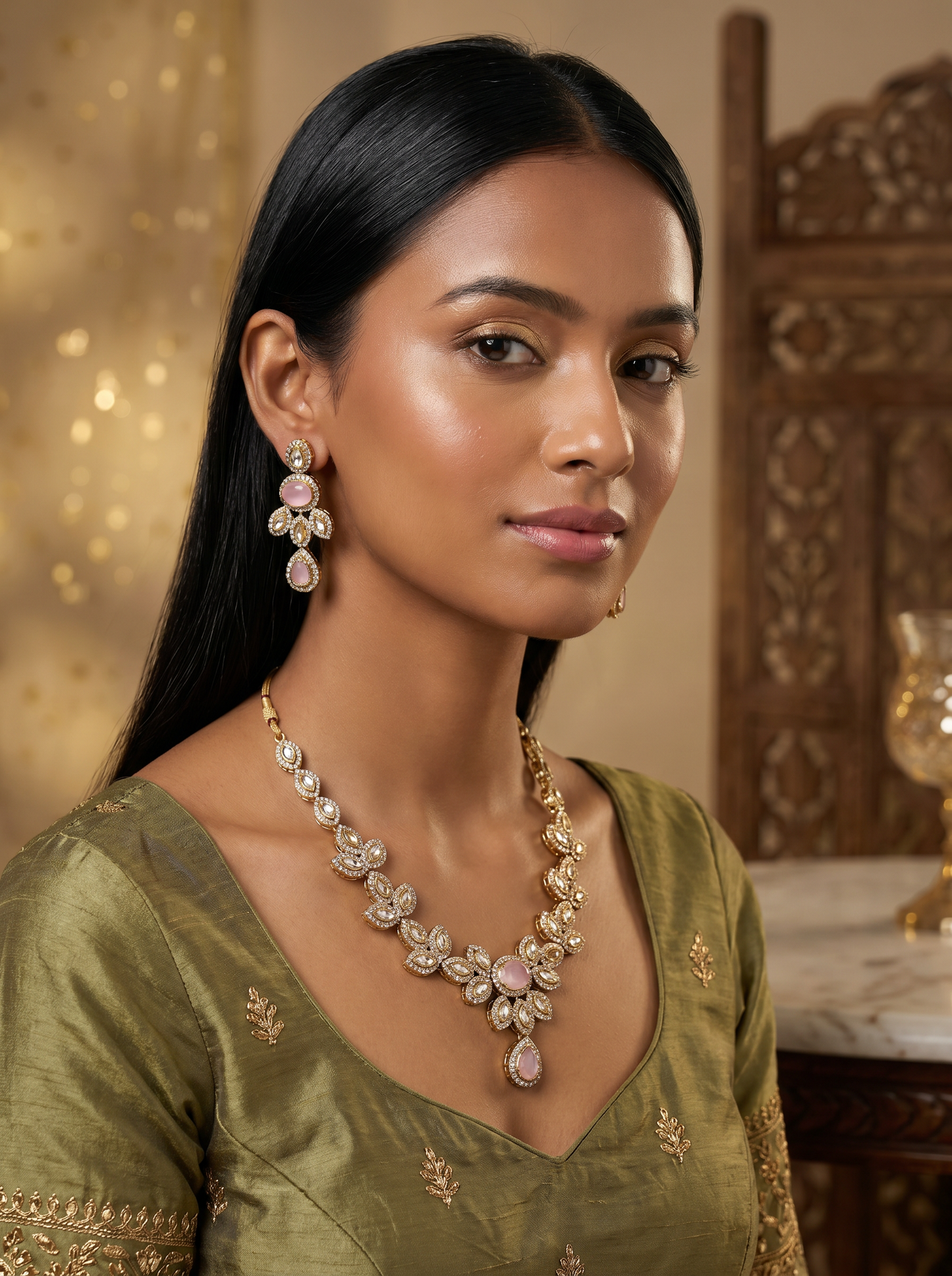 Antique Kundan Pink Necklace Set