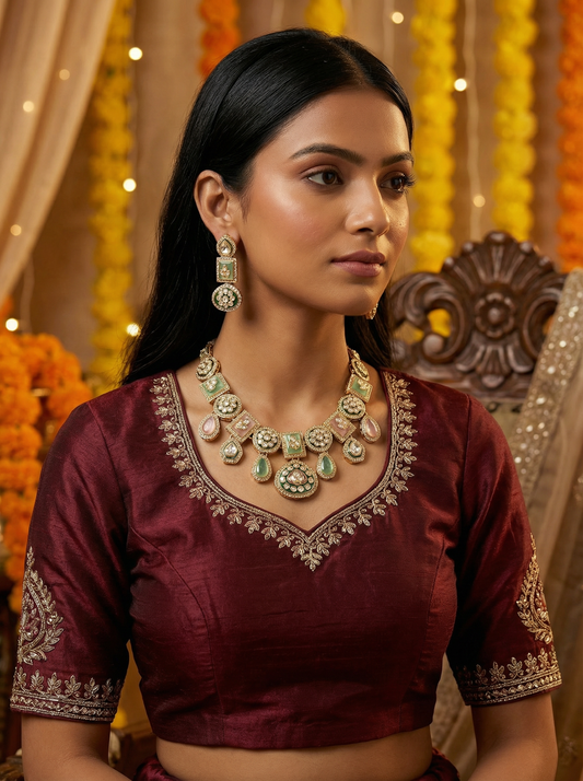 Polki Kundan MintPink Bridal Jewelry Set