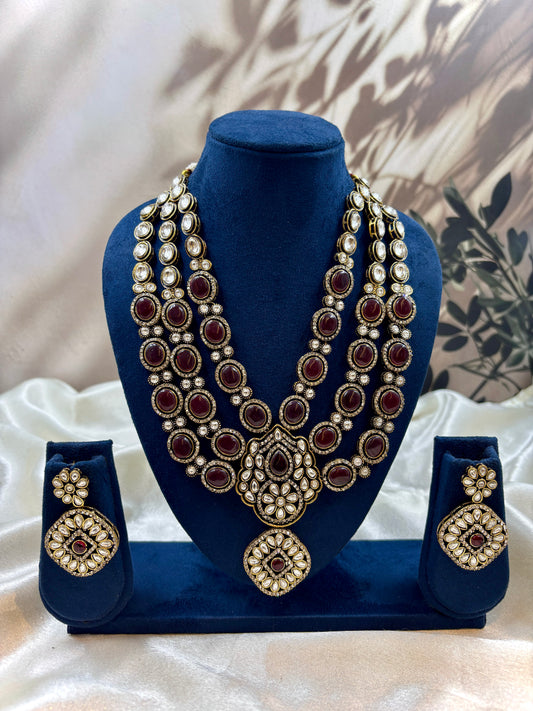 Vintage-Inspired Three-Layer Maroon Victorian Necklace Set