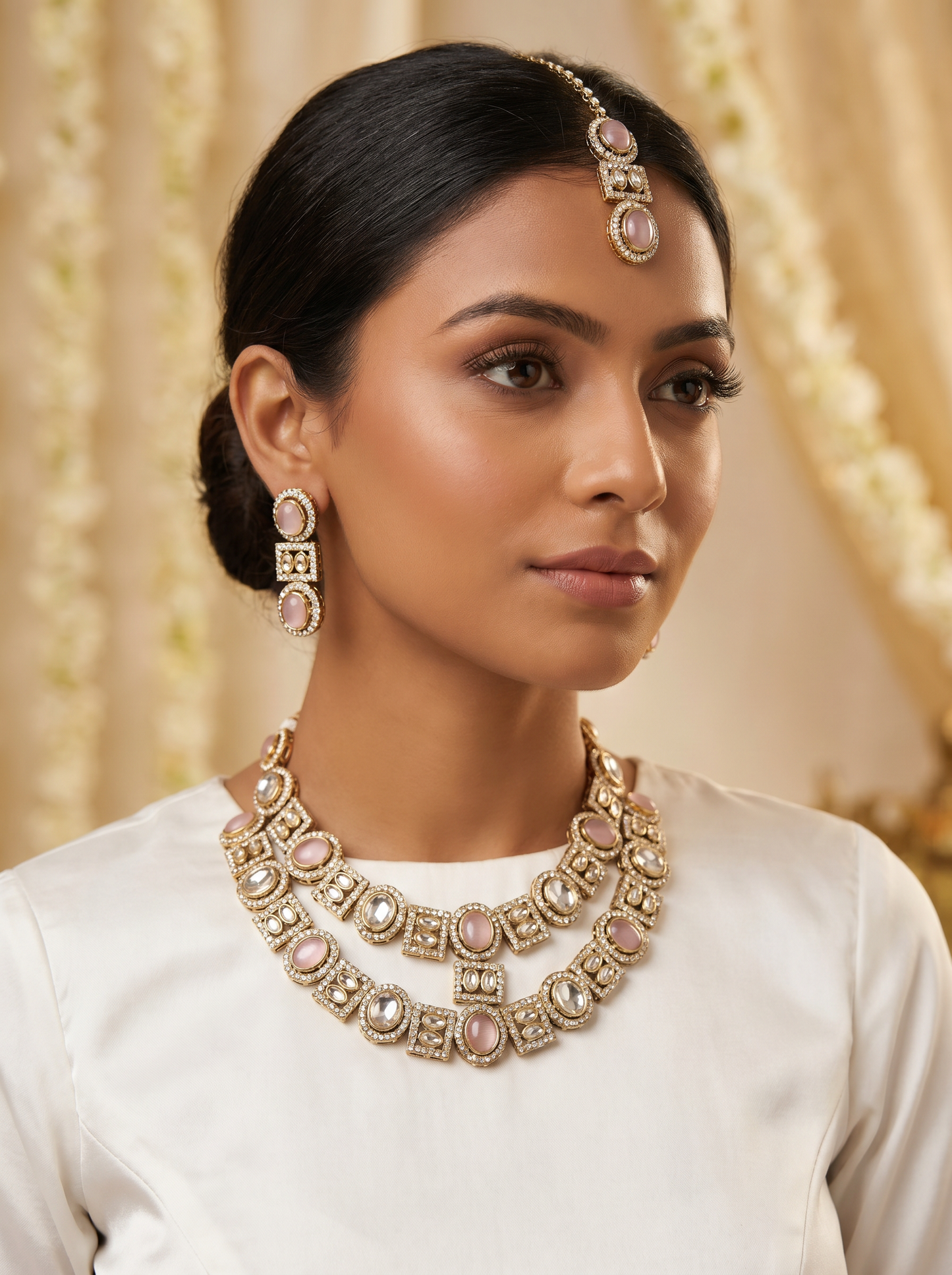 Pink Bridal Double Layer Jewellery Set