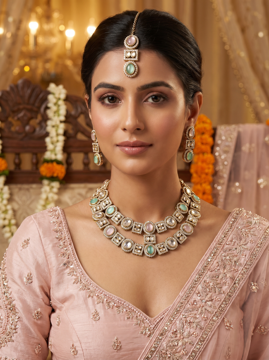 MintPink Bridal Double Layer Jewellery Set
