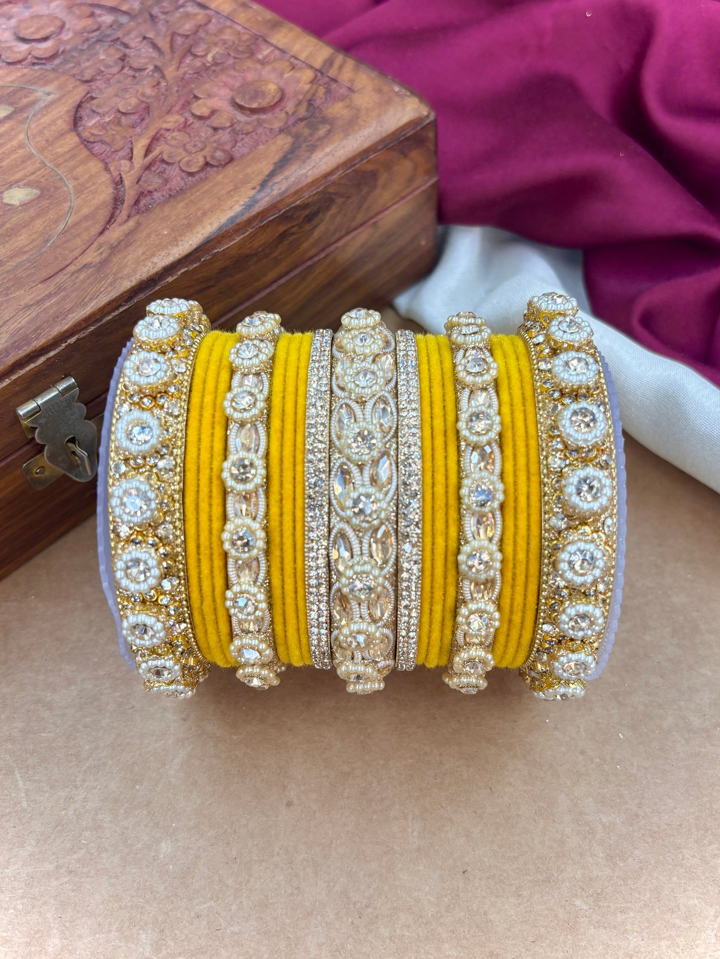 Royal Yellow Velvet Bangles Set
