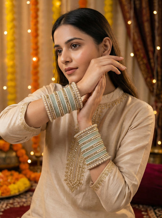 Traditional Pistagrey Kundan Bangles